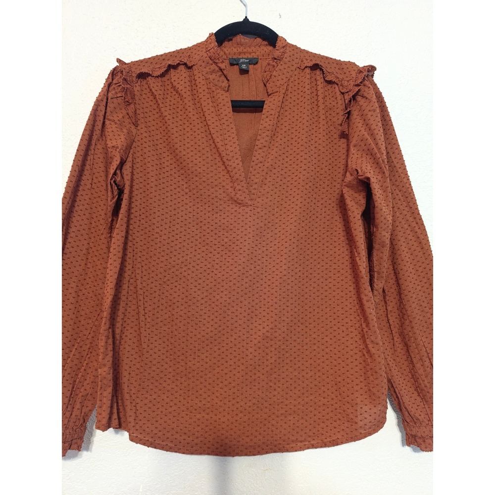 J.Crew Womens Swiss Dot Ruffle V-Neck Blouse Rust Brown Long Sleeve Top XS